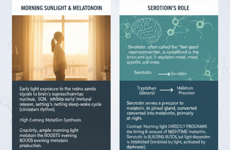 가이드: 아침에 쬐는 햇빛이 밤 멜라토닌 합성을 결정한다는 사실과 세로토닌의 역할을 대조하여 설명. 4