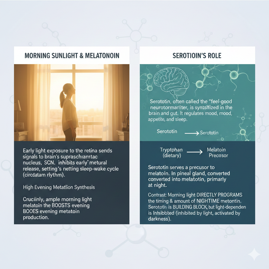 가이드: 아침에 쬐는 햇빛이 밤 멜라토닌 합성을 결정한다는 사실과 세로토닌의 역할을 대조하여 설명. 2