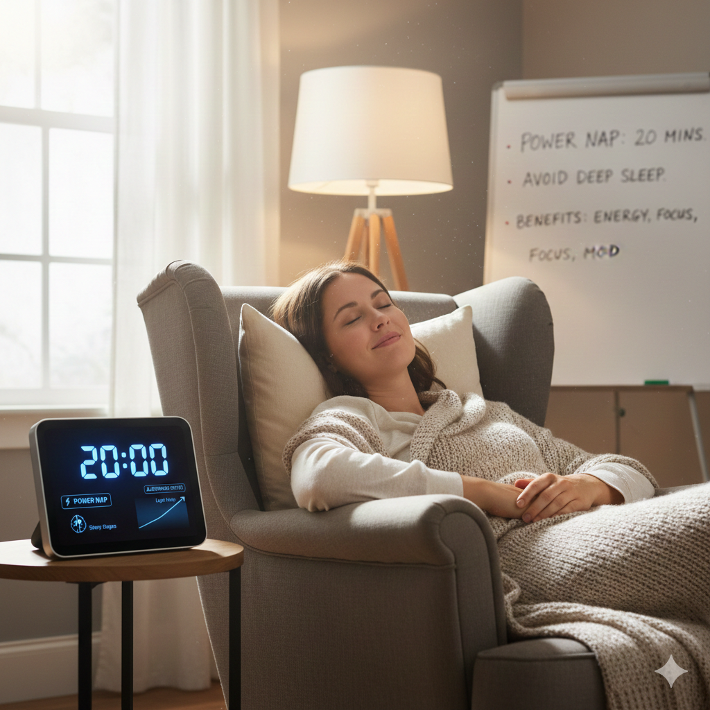 가이드: 깊은 수면 단계로 들어가기 전 깨어나는 '파워 냅'의 시간 설정과 각성 효과 설명. 1