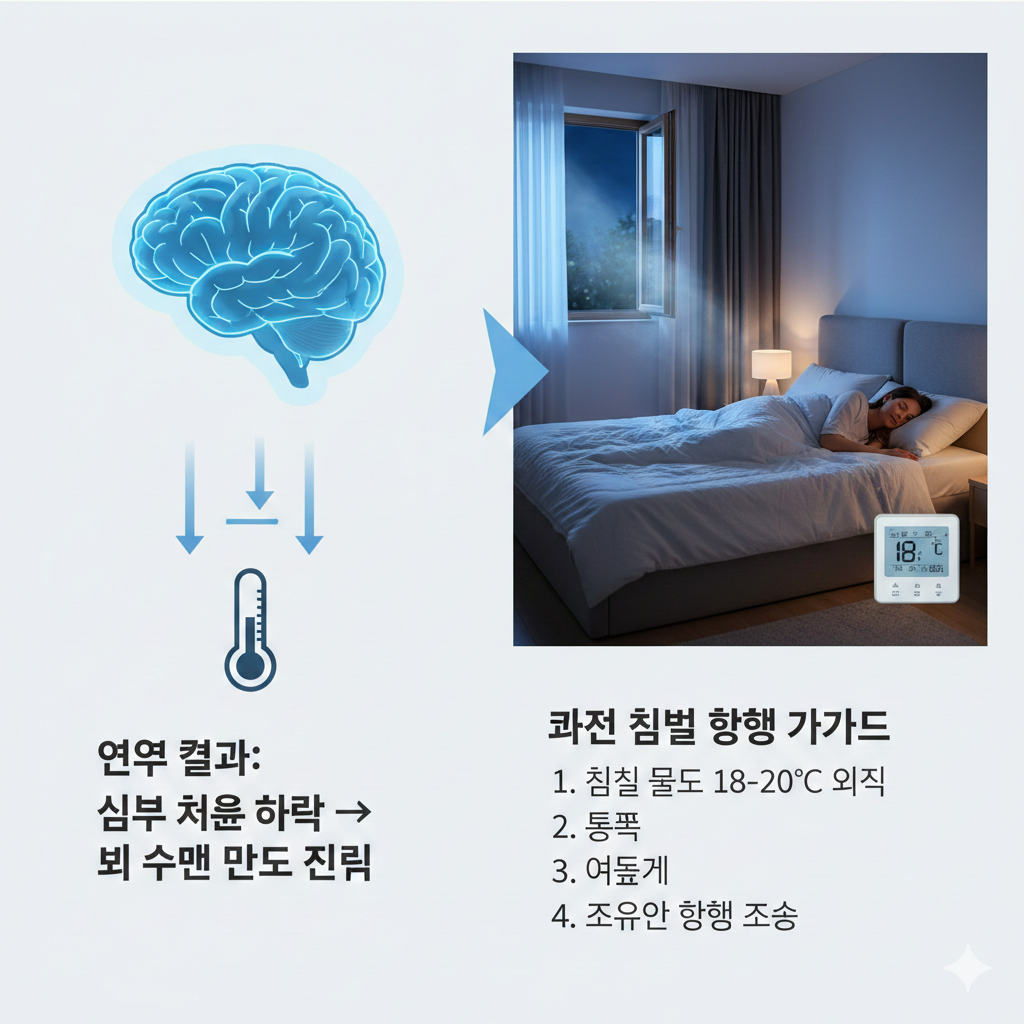 가이드: 심부 체온이 떨어져야 뇌가 수면 모드로 진입한다는 연구 결과와 쾌적한 침실 환경 가이드. 1