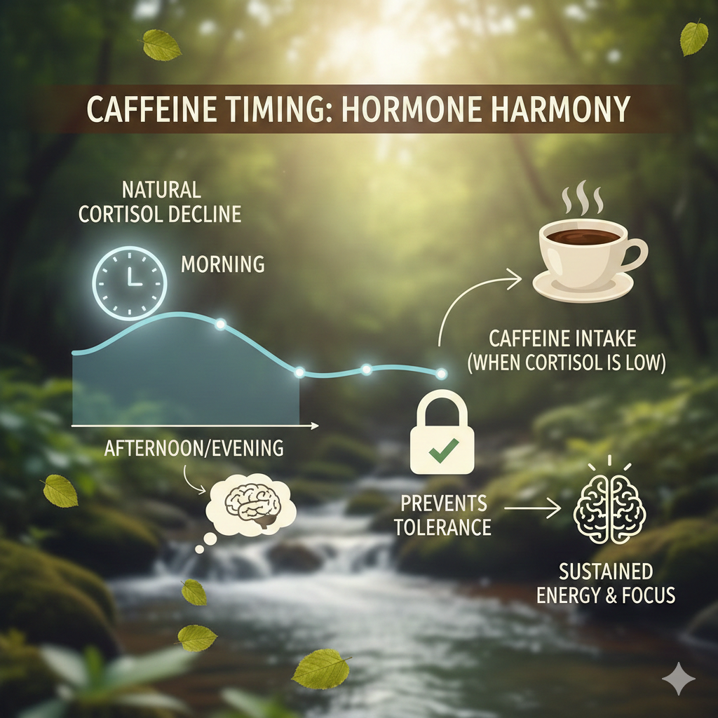 가이드: 천연 각성 호르몬인 코르티솔 수치가 낮아지는 시점에 카페인을 넣어야 내성이 안 생긴다는 원리 설명. 2