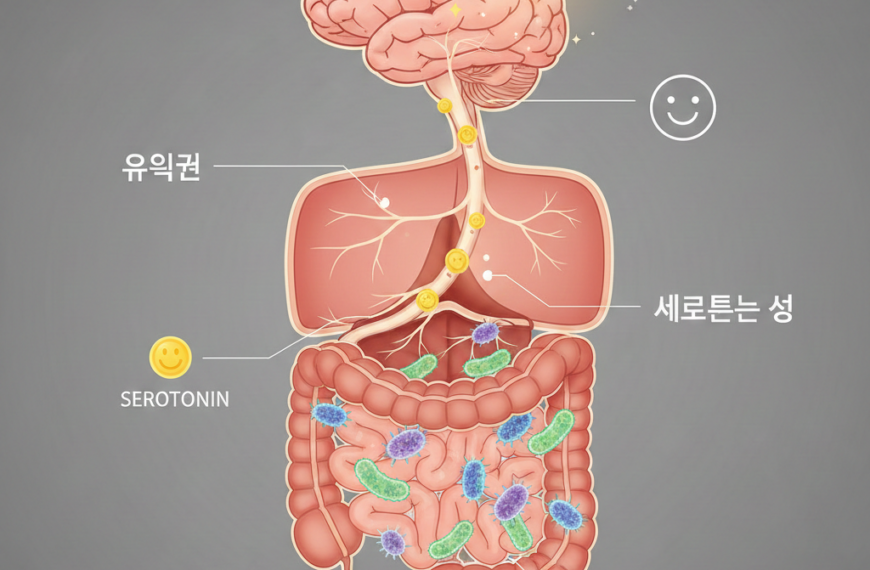 '장-뇌 축' 이론을 바탕으로 유익균이 세로토닌 생성에 미치는 영향 설명. 6