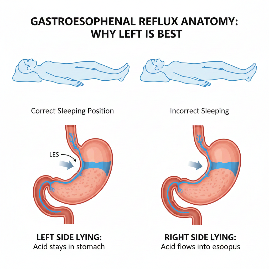 가이드: 위장의 구조상 왼쪽이 아래로 가야 위산이 식도로 역류하지 않는 해부학적 근거 설명. 2