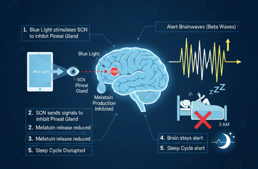 가이드: 블루라이트가 멜라토닌 분비를 억제하고 뇌파를 각성 상태로 유지해 숙면을 방해하는 기전 서술. 6