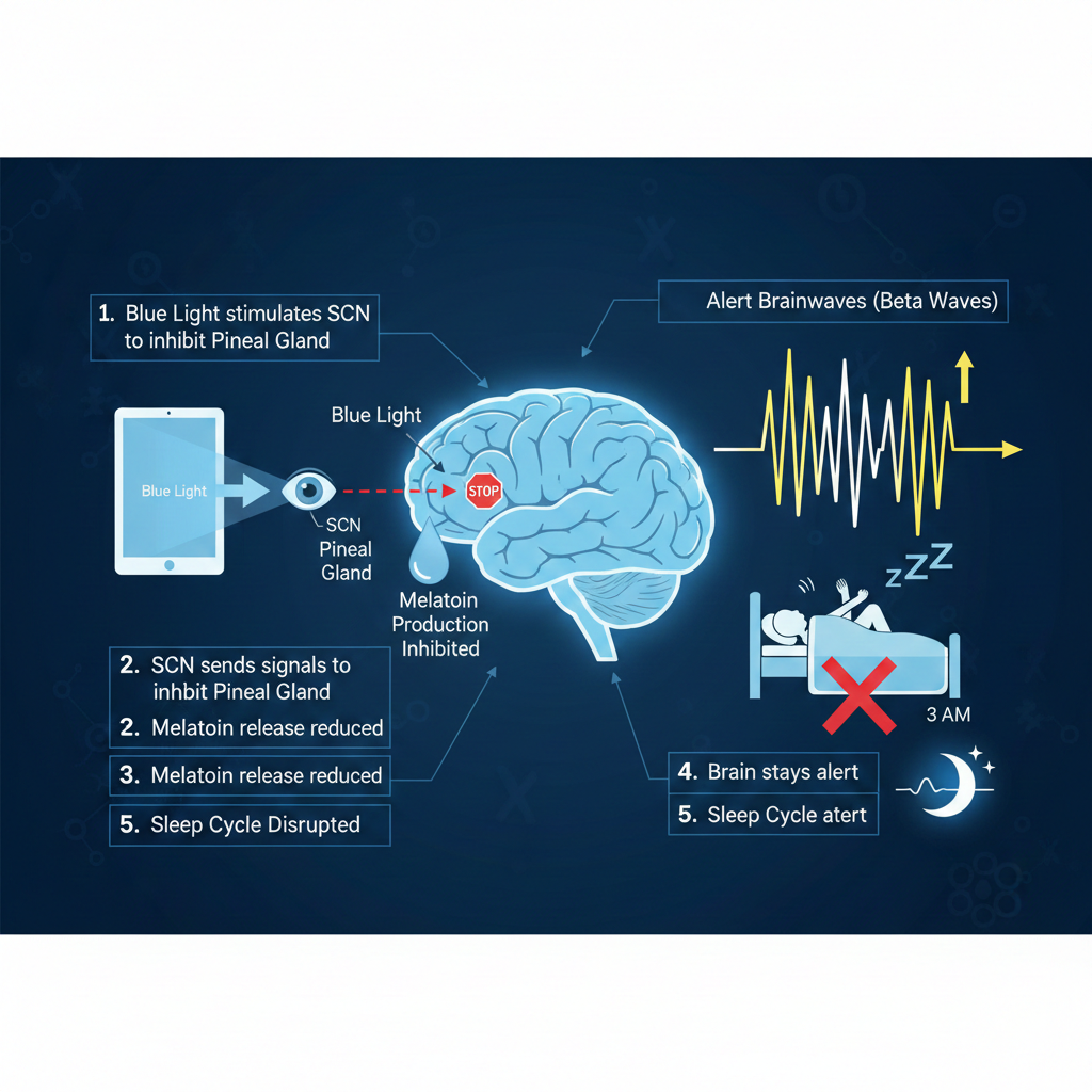 가이드: 블루라이트가 멜라토닌 분비를 억제하고 뇌파를 각성 상태로 유지해 숙면을 방해하는 기전 서술. 1